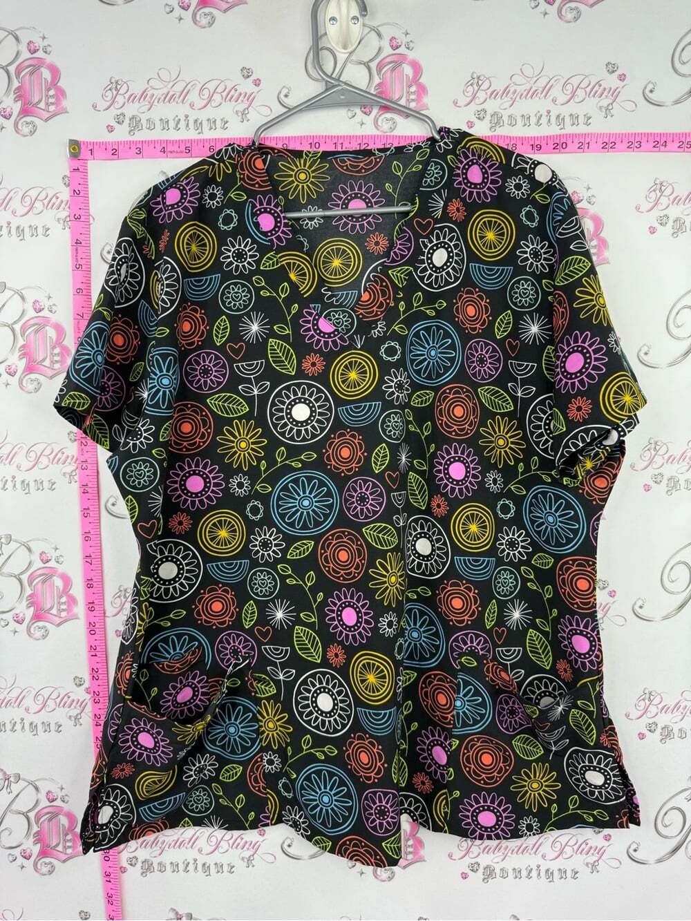 Scrub top floral color block line work Women's Black Floral Print V-Neck Top